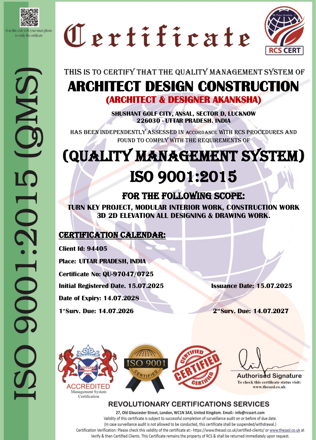 ISO 9001:2015 Architect Design & Construction